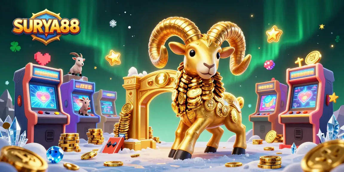 SURYA88 shows a golden ram charging through a vibrant casino with retro arcade elements.
