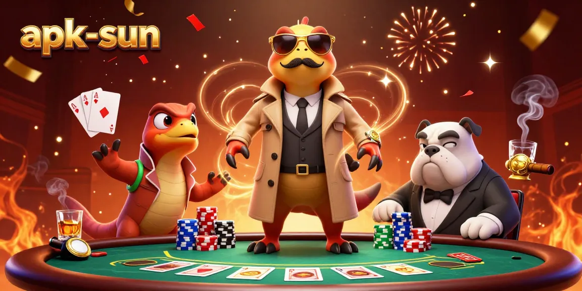 Engage with apk-sun's thrilling VIP casino scene featuring raptors and vibrant poker action.