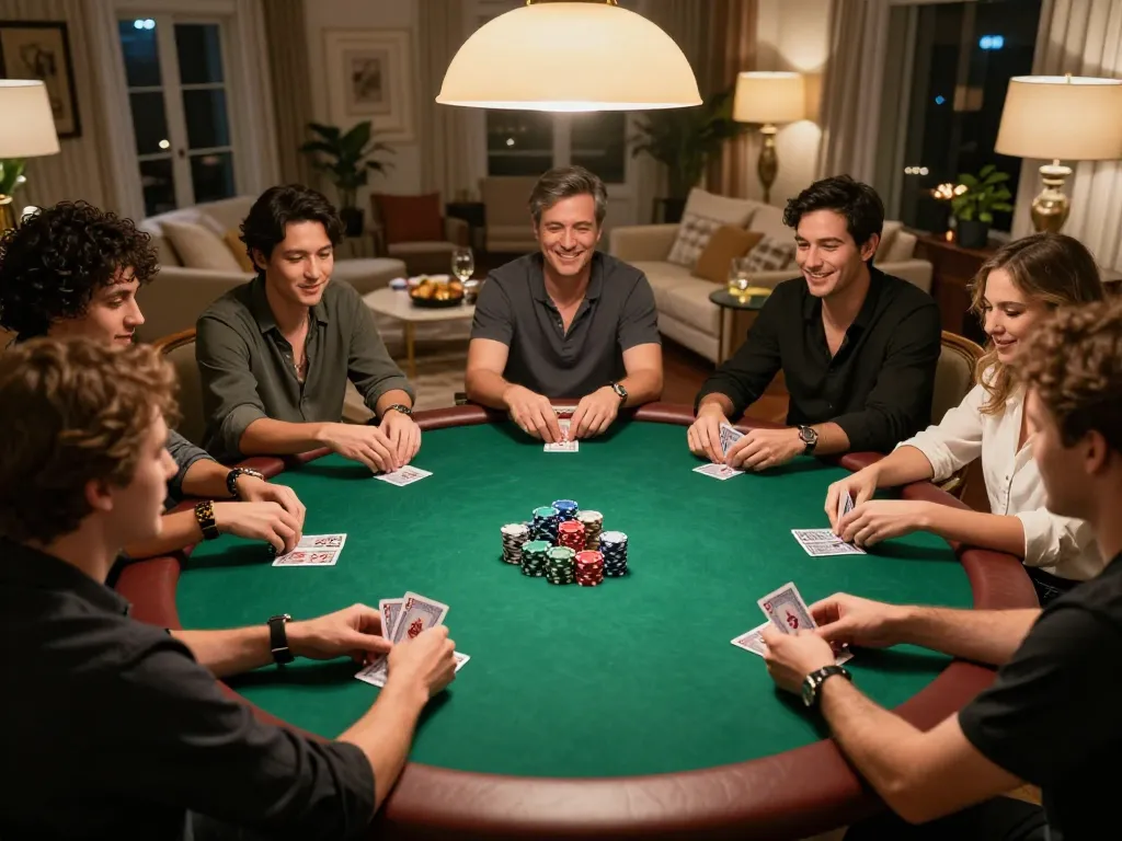 Players engaged in a sophisticated poker game at home, showcasing the excitement of 99win.