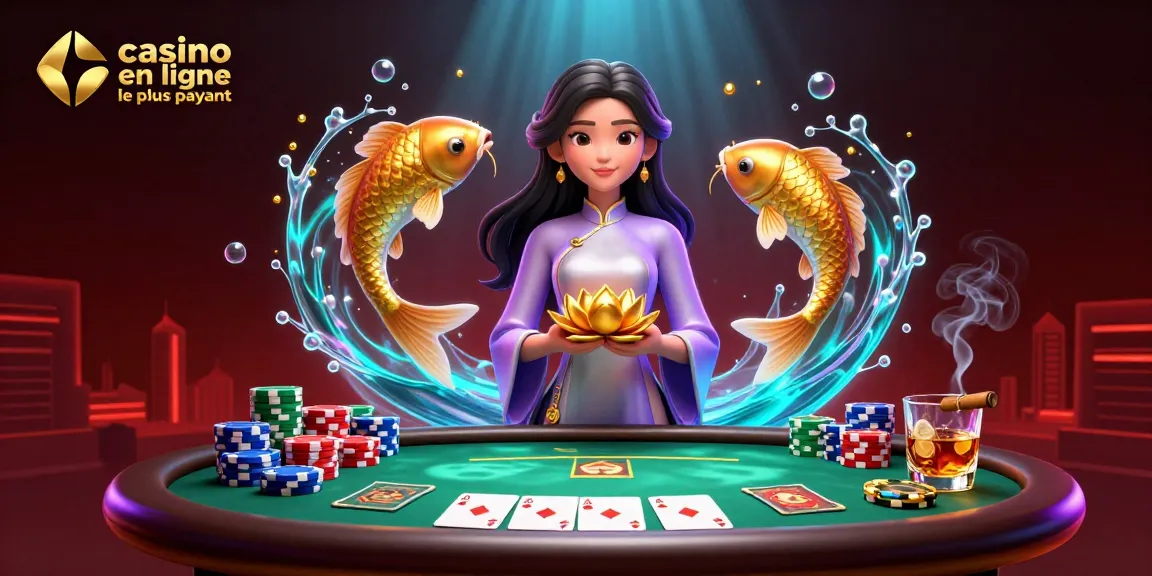 Découvrez l'excitation du casino en ligne le plus payant avec une scène 3D vibrante mettant en vedette des éléments de poker et un personnage élégant.