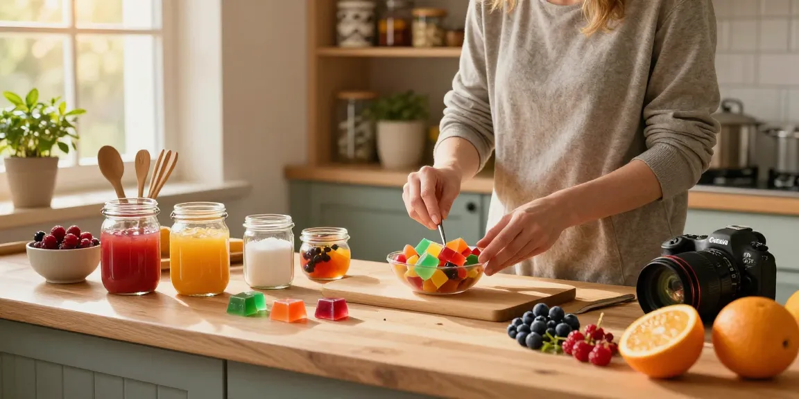 Homemade edibles UK preparation, showcasing cannabis-infused gummies with vibrant fruits and kitchen ambience.