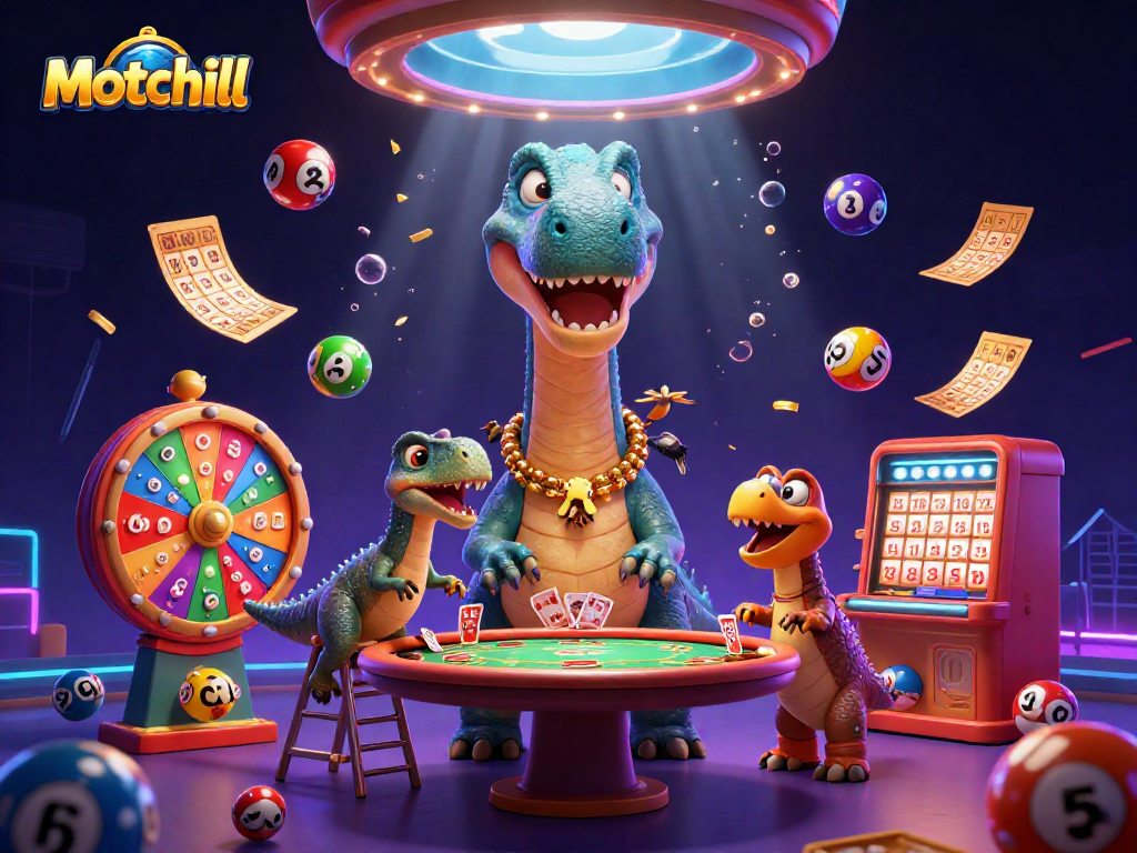 Engage in thrilling games at Motchill where a giant brontosaurus watches over an exciting poker table.