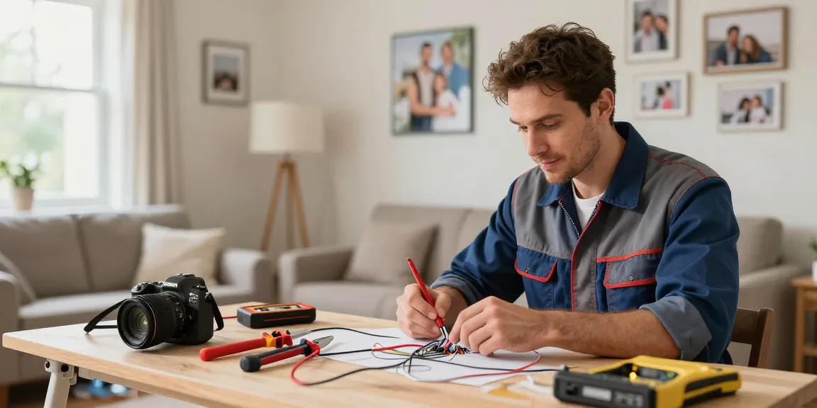 Home rewire process in a cozy living room with electrician, tools, and sunlight