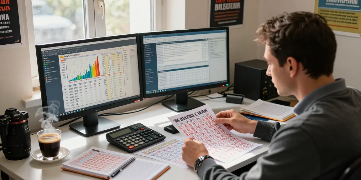Seorang ahli togel menganalisis angka panas angka untung di meja dengan laporan dan grafik, menciptakan suasana fokus dan strategis.