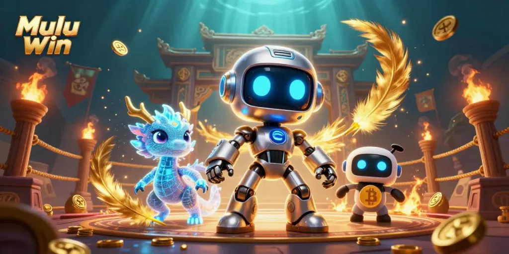 Mulu Win illustration showing a futuristic robot mascot with a bitcoin symbol amidst golden gaming elements
