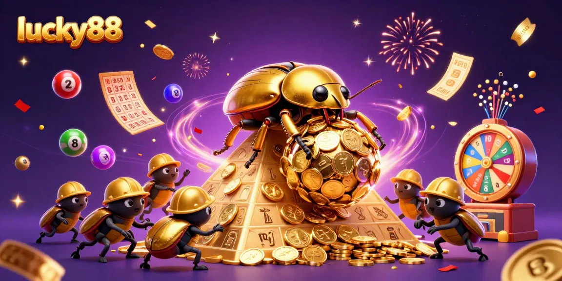 Engage with lucky88 as the golden beetles bring lottery excitement to life in a vibrant celebration.