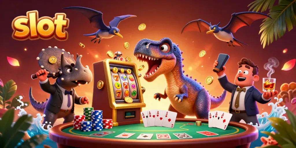 Experience thrilling slot action as a cartoon pachycephalosaurus hits a jackpot, coins flying in a vibrant casino.