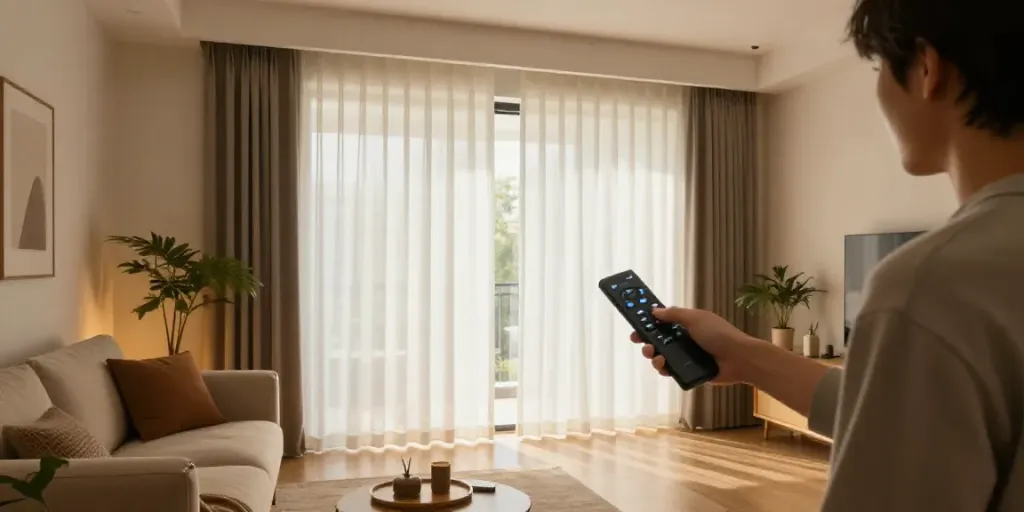 Modern living room with پرده برقی being adjusted for optimal light and ambiance.