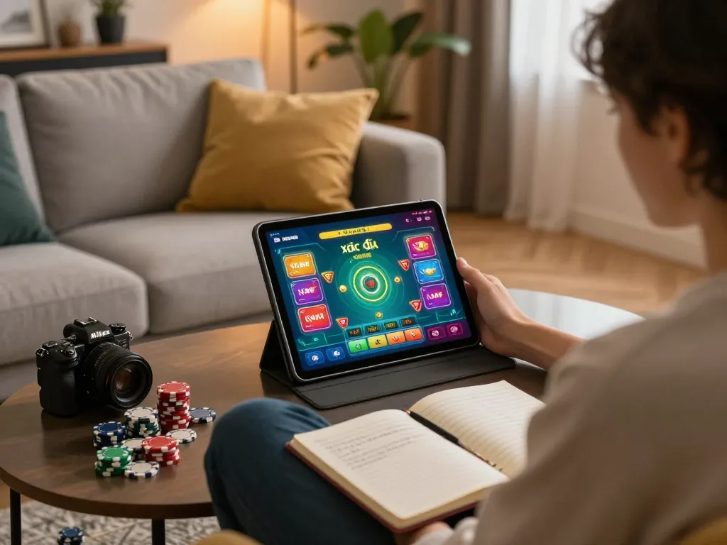 xóc đĩa online gaming on a tablet with a cozy home atmosphere and strategy notes
