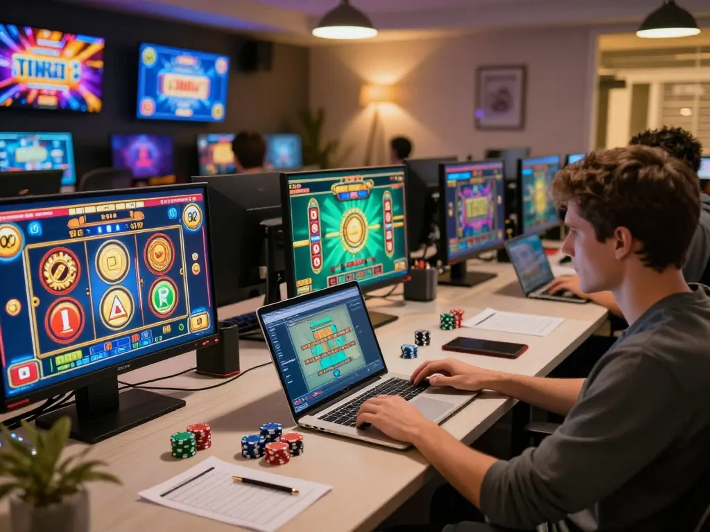 Engaged player enjoying FLY88 online casino gaming experience on laptop showcasing thrilling virtual slots.