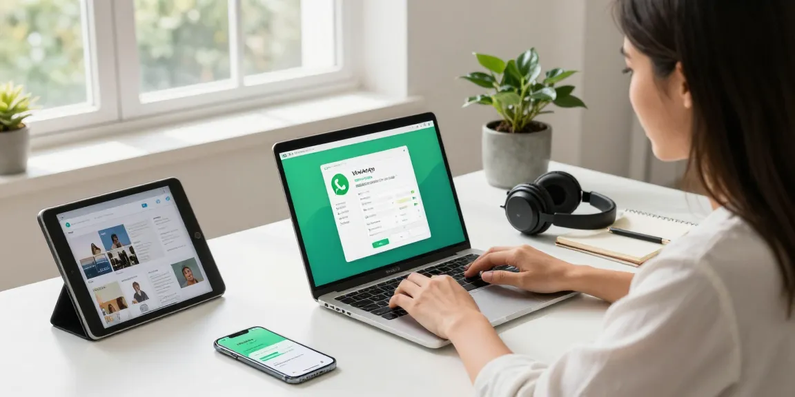 Remote working woman using WhatsApp電腦版 on a laptop in a stylish home office