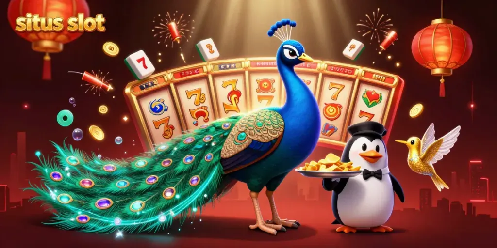 Permainan situs slot dengan burung merak 3D dan penguin pelayan membawa chip emas.