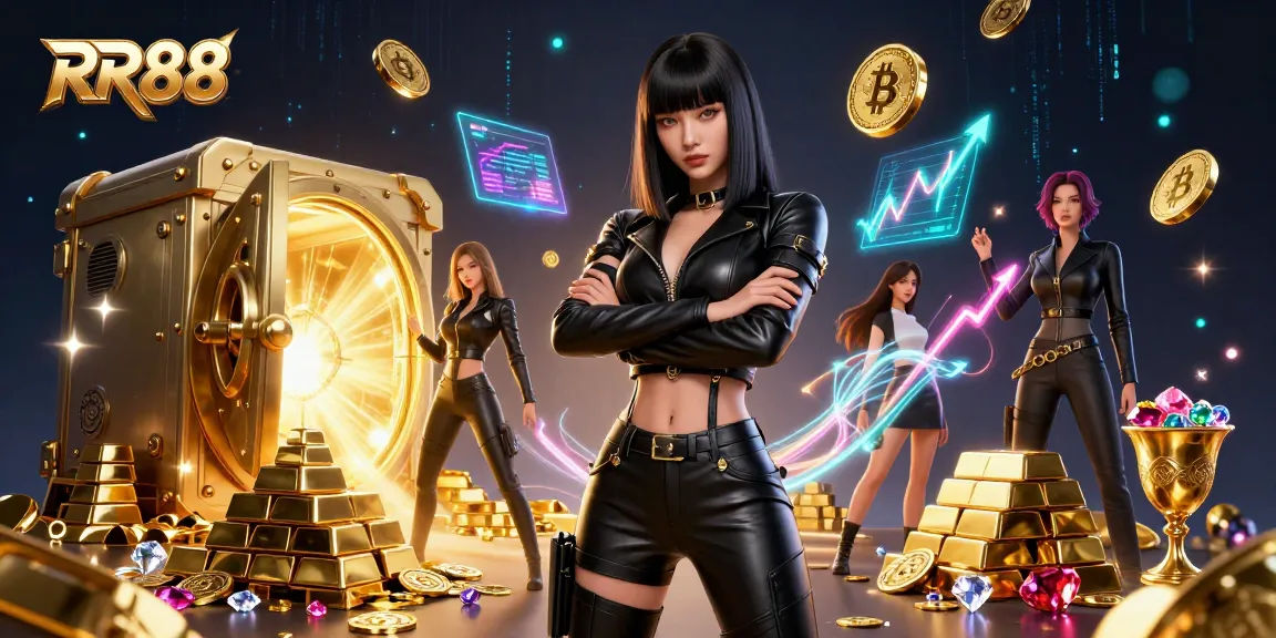 Experience exciting gaming at RR88 with stunning visuals and dynamic elements in this rich digital illustration.