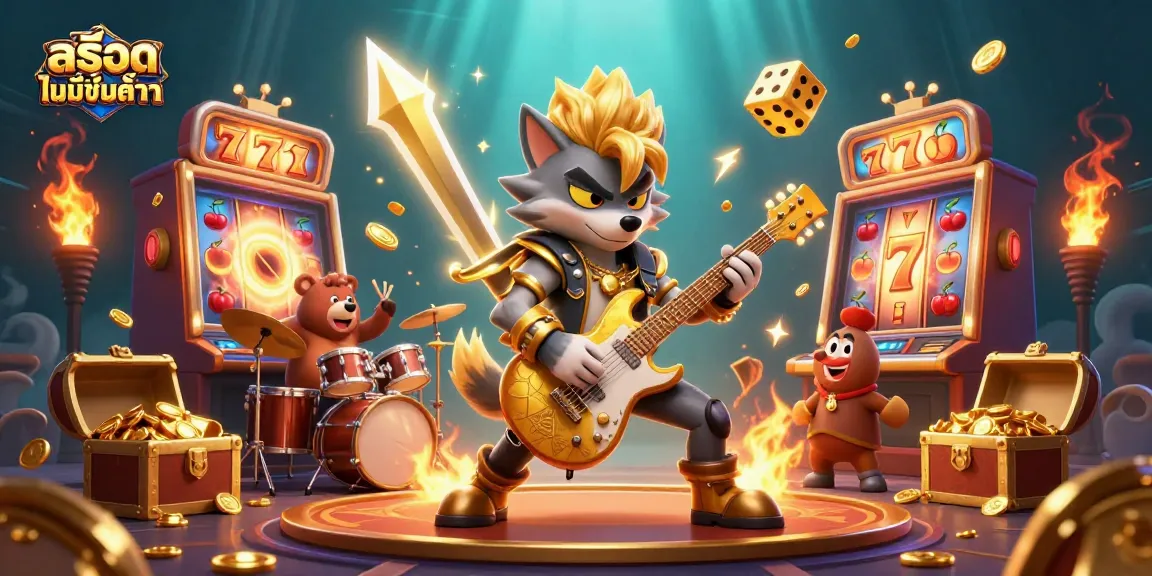 Activate your winning potential with สล็อตไม่มีขั้นต่ำ featuring a vibrant casino scene of characters and jackpots.