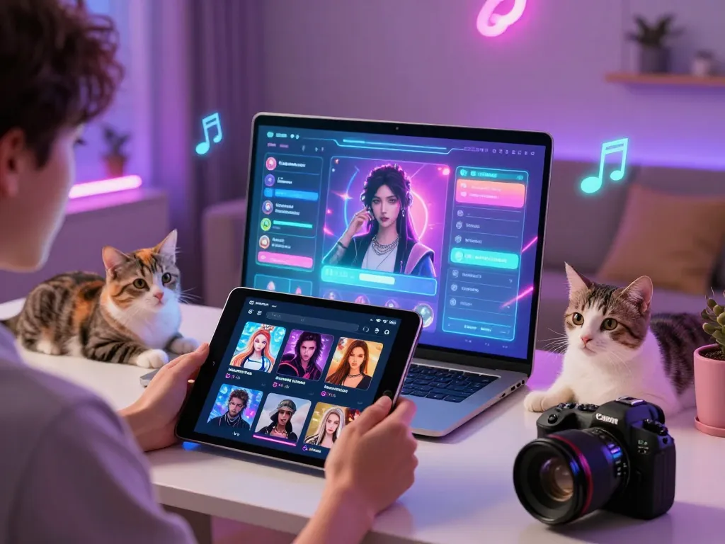 Engaging NSFW chat experience with AI at a modern digital setup, showcasing vibrant holographic interfaces.