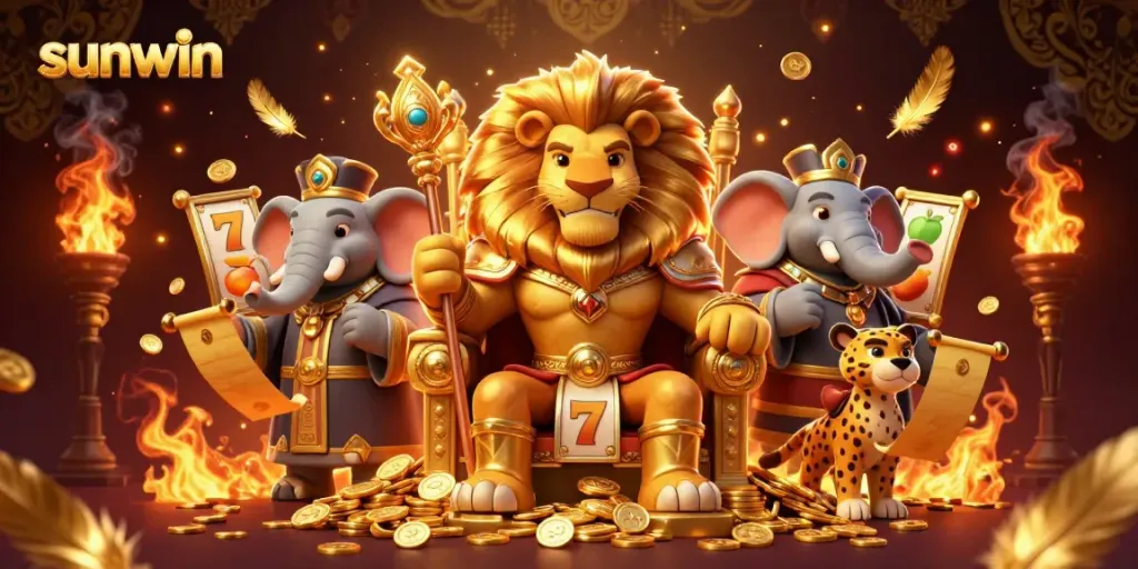 Engage with sunwin's thrilling 3D casino experience featuring a lion king and vibrant game elements.