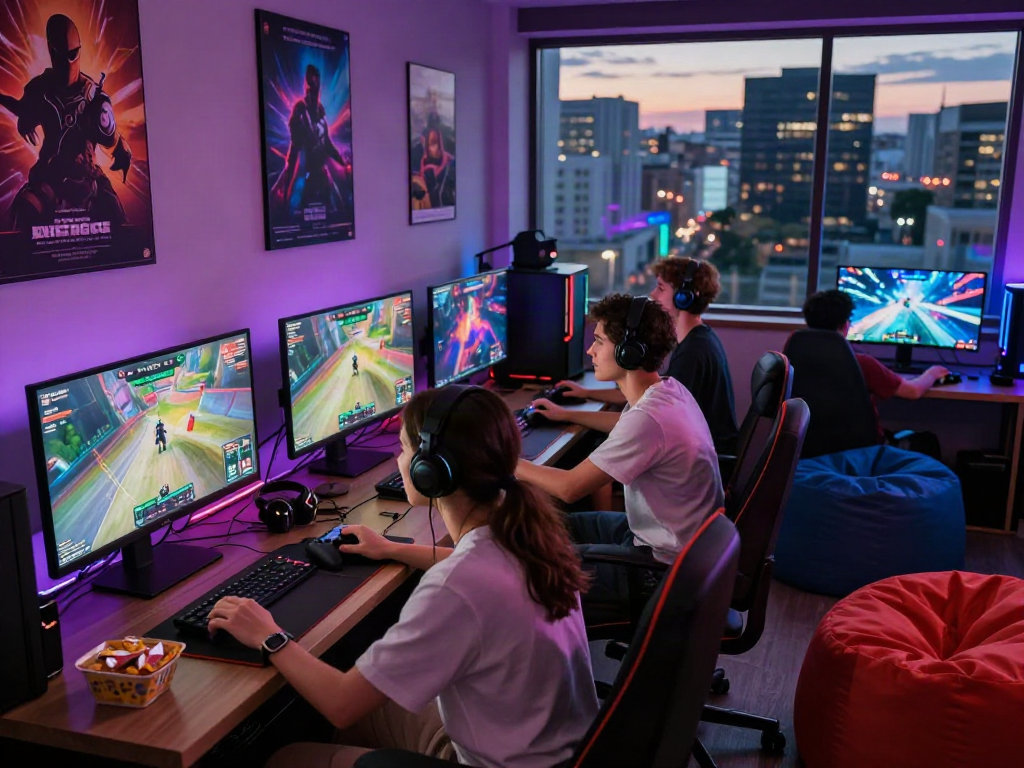 Friends enjoying link alternatif bro138 gaming on multiple screens in a vibrant lounge.