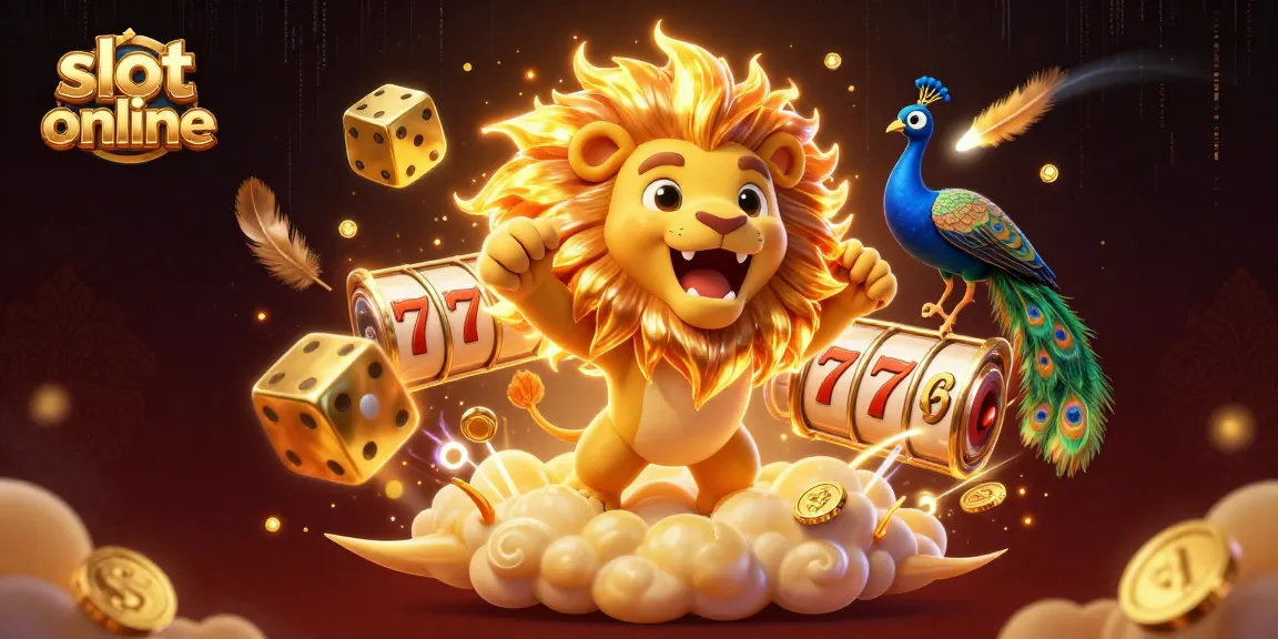 Menyaksikan suasana untuk slot online dengan lion kartun, dadu emas, dan koin berkilauan.