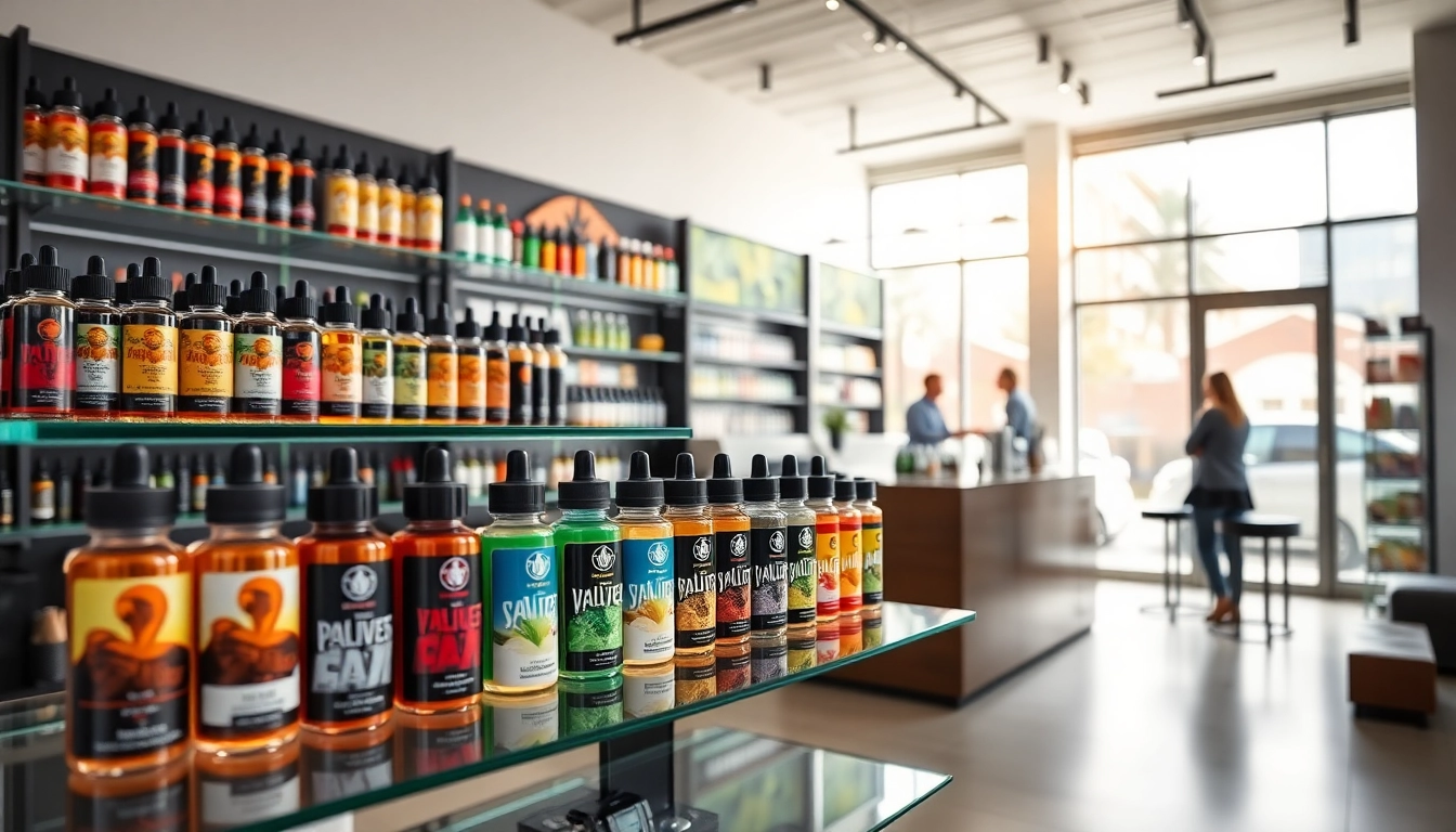 A vibrant selection of vape & e-liquids displayed in a modern vape shop interior.