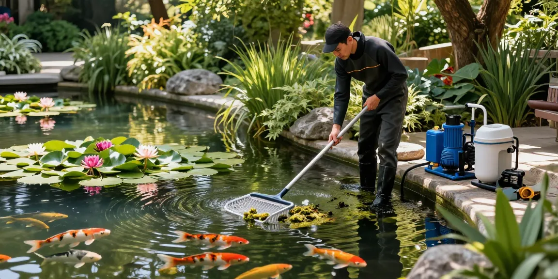 Professional Pond Cleaning Surrey with expert cleaner maintaining a vibrant garden pond surrounded by lush greenery and koi fish.