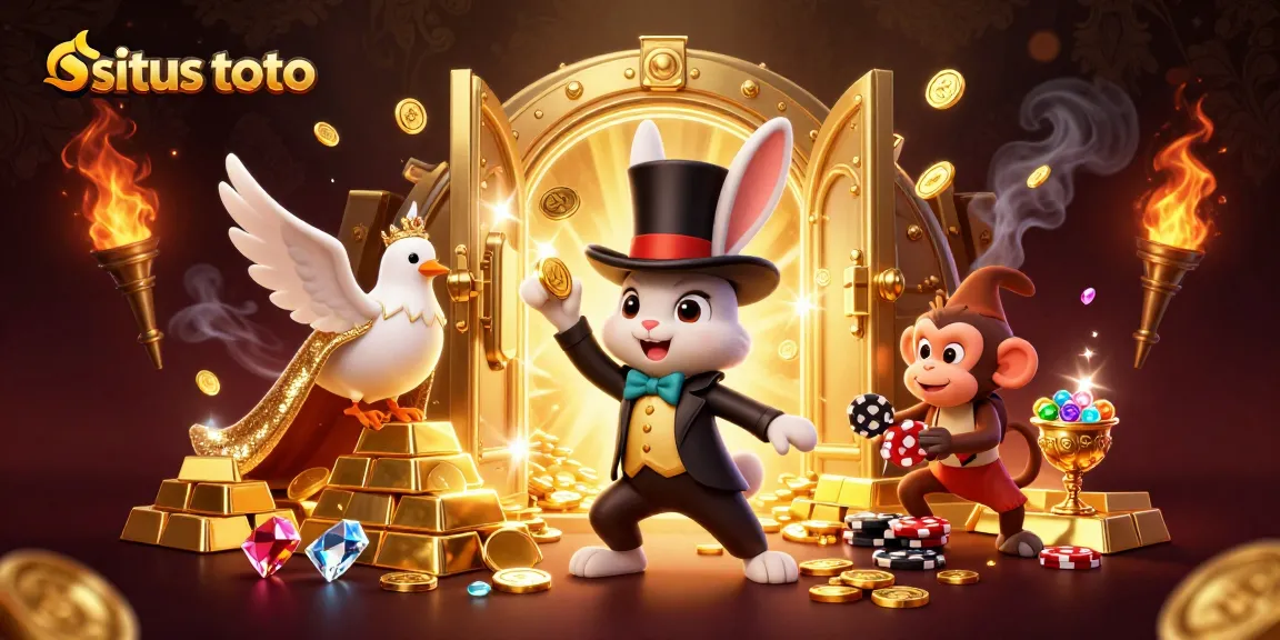 Situs toto offers an enchanting scene with a rabbit magician, dove, and monkey amidst bounty in a casino environment.