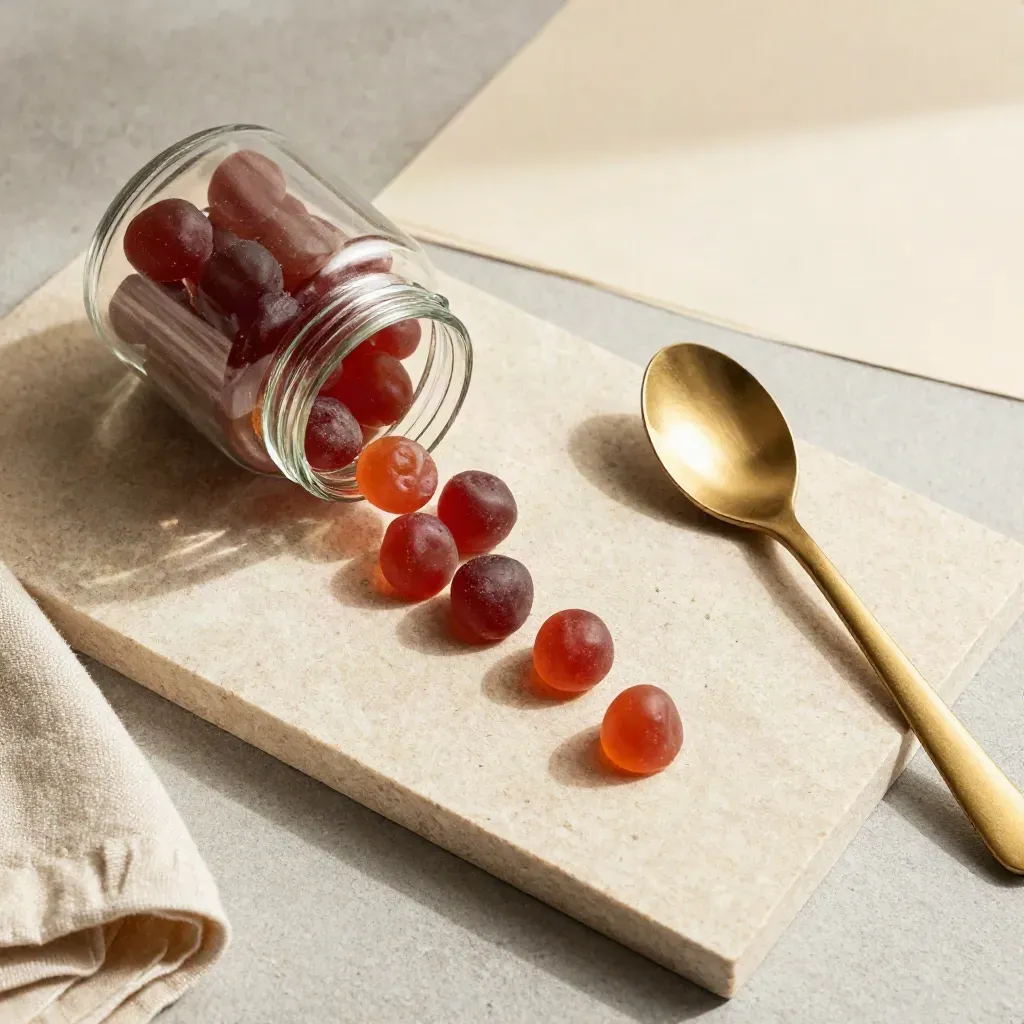 Top-down berry gummies, tipped jar, linen napkin and ceramic spoon on warm stone