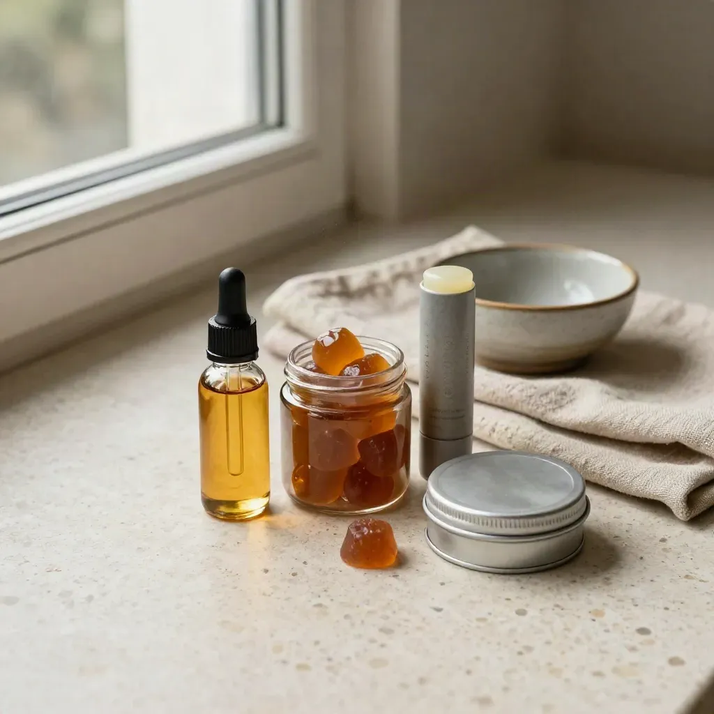 CBD oil, gummies, and balm on travertine with hemp cloth and a ceramic bowl in soft daylight.