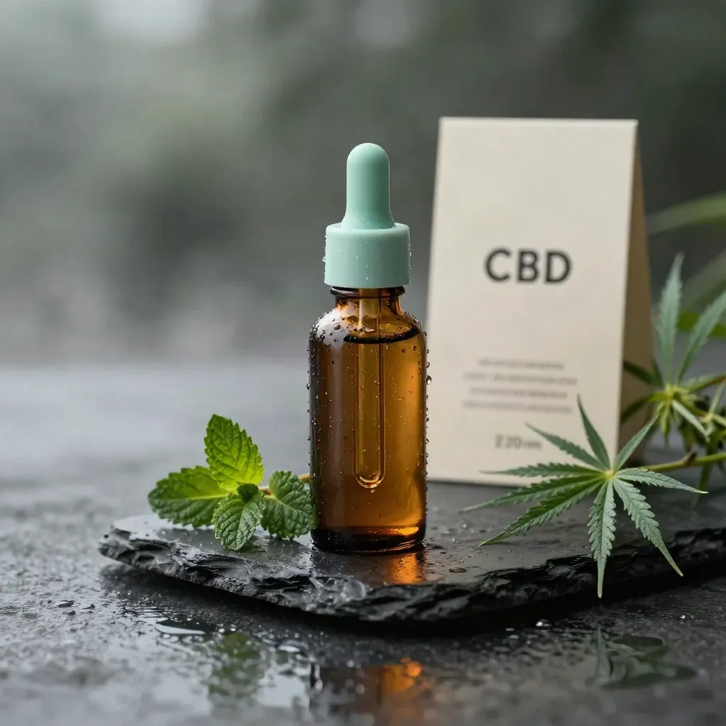 Amber CBD oil dropper bottle with mint sprigs and hemp stems on wet stone in misty dawn light