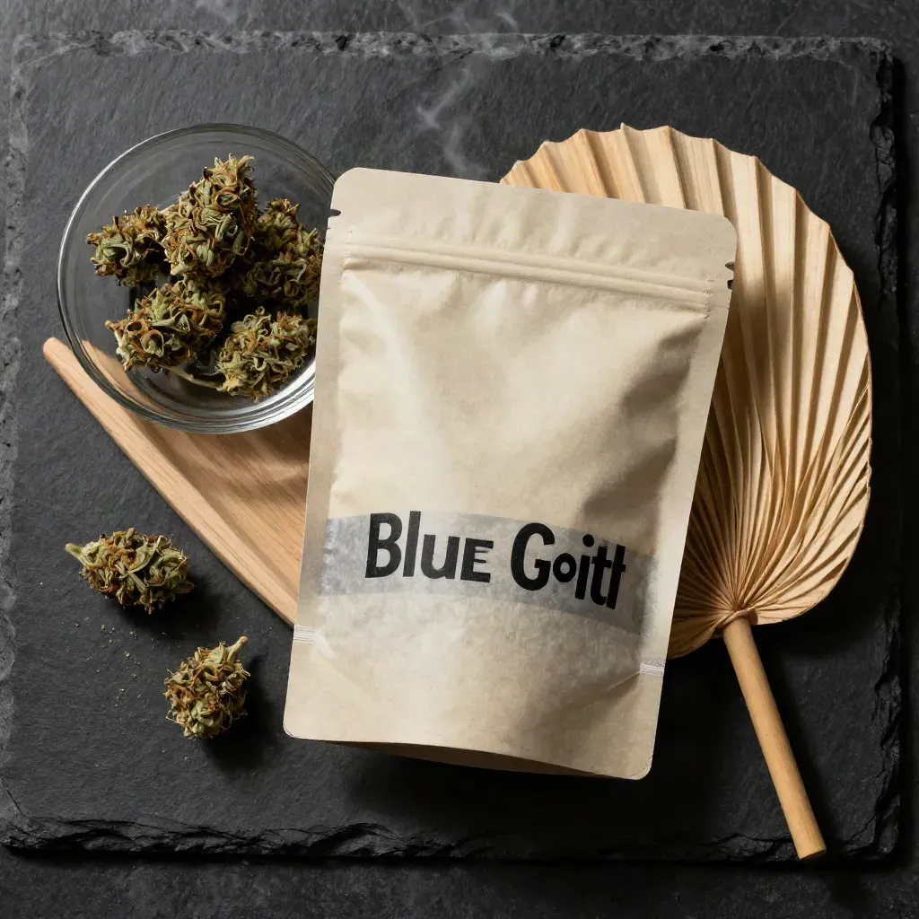 Overhead hemp flower pouch, loose buds, glass dish, and pale wood tray on matte-black slate.