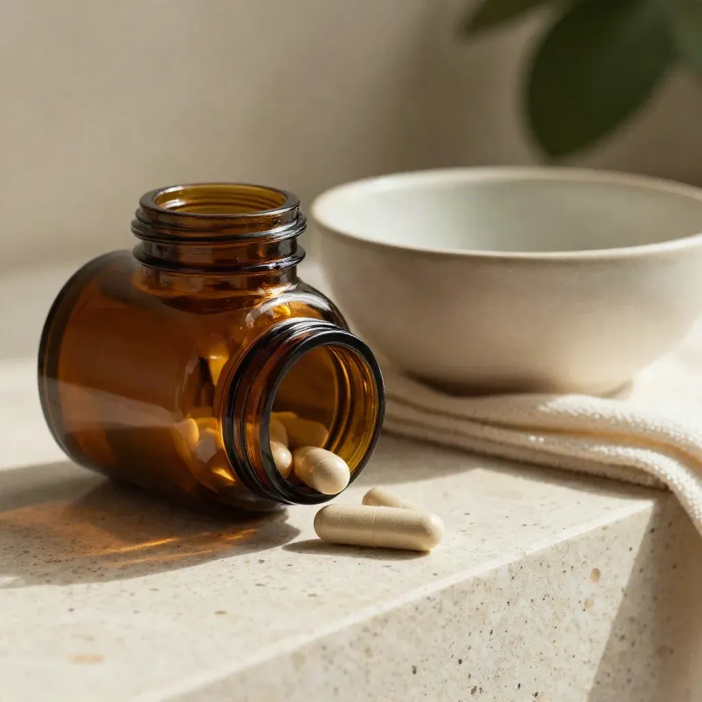 Amber capsule jar with ceramic bowl and gauze on travertine in soft daylight