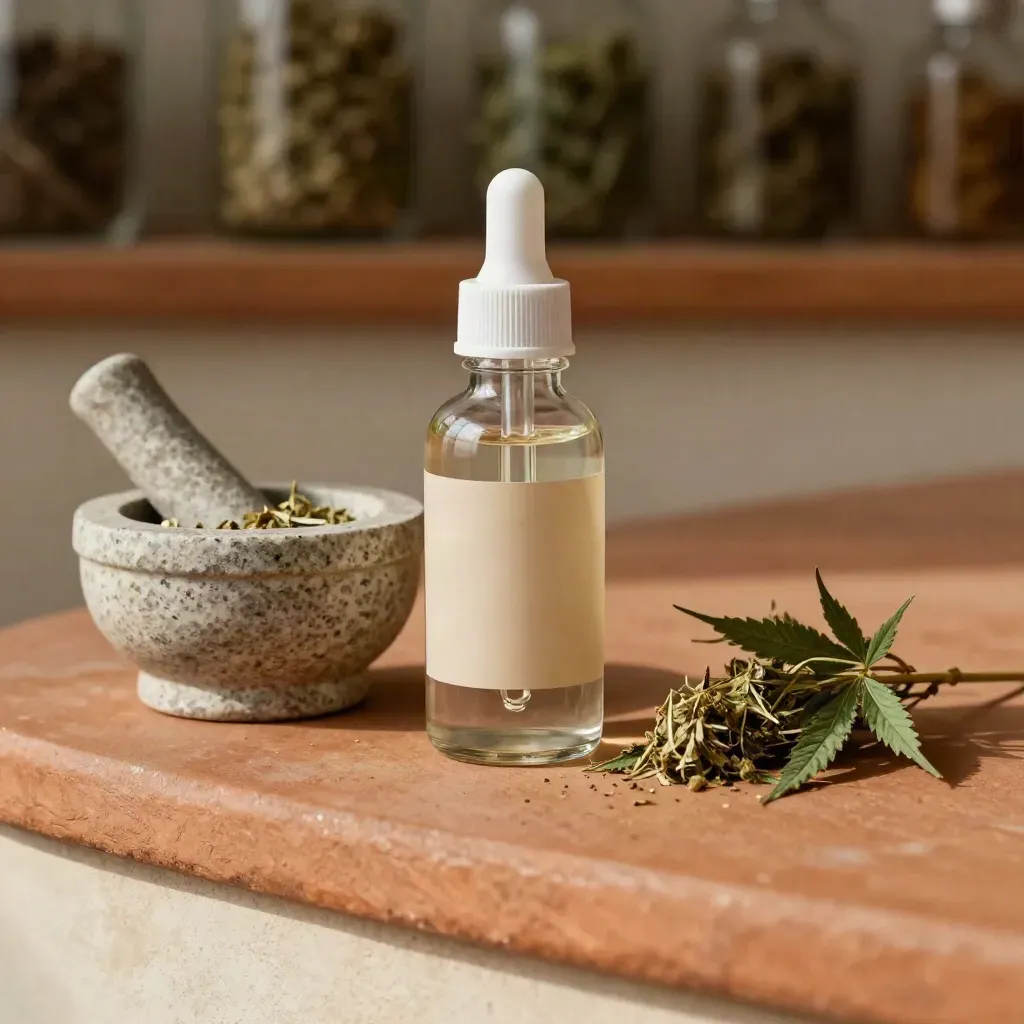 Tincture bottle with dropper, stone mortar, and dried herbs on terracotta plaster.