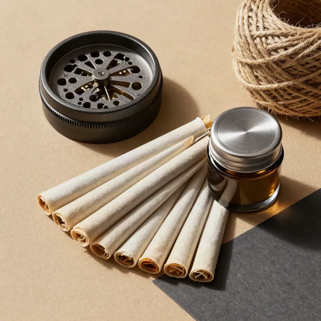 Macro flatlay of grinder, rolling papers, glass jar and hemp twine on a charcoal surface.