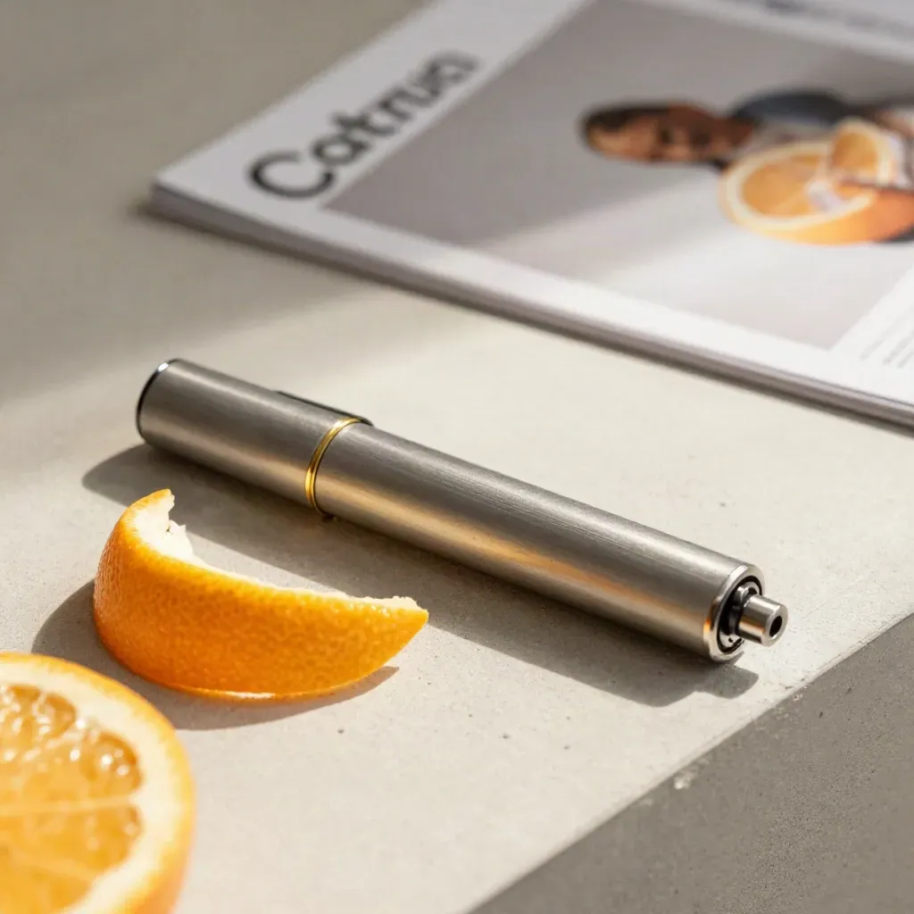 Citrus CBD vape pen with peel and metal case on a pale concrete slab