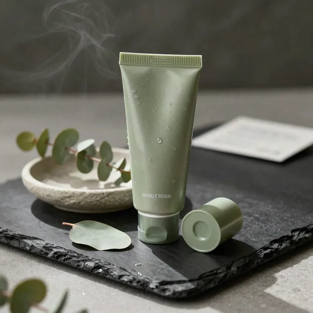 Cooling hemp lotion tube with eucalyptus leaf, stone dish, and glossy reflection on a dark surface.