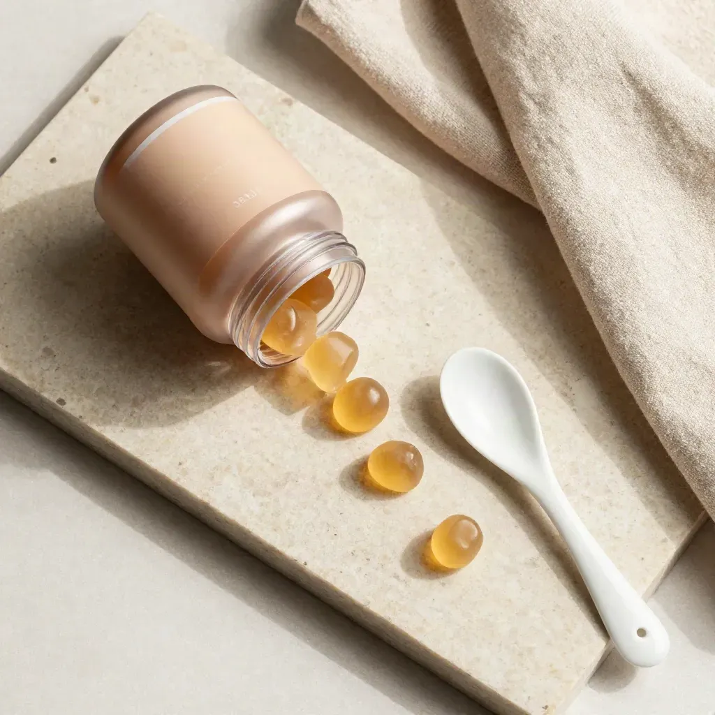 Overhead flatlay of a gummy jar, scattered gummies, ceramic spoon, and linen fold on pale stone.