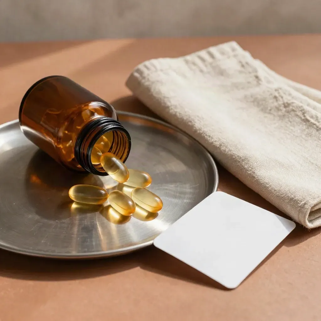 CBD softgel bottle, capsules on a metal tray, and pale cloth in warm terracotta light.