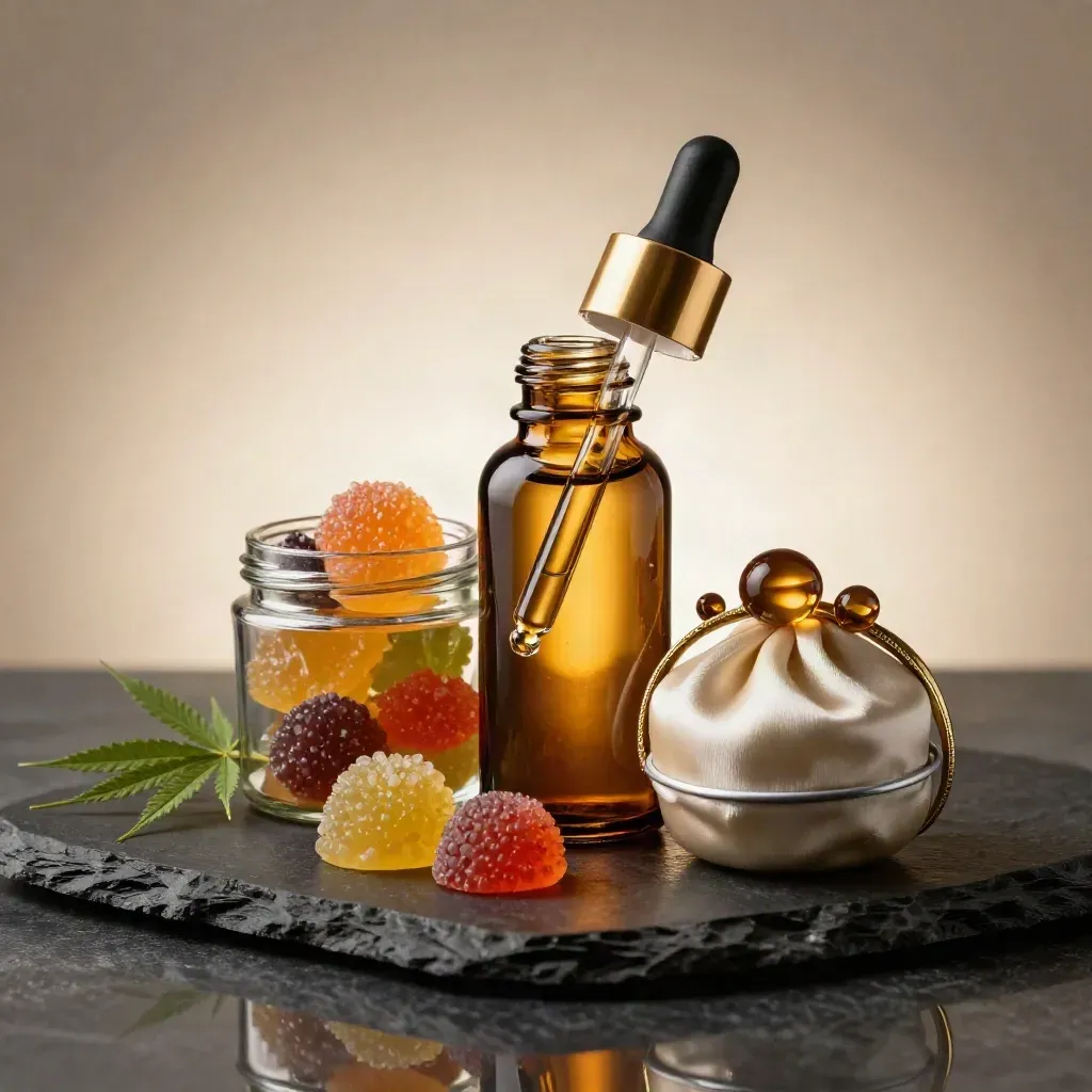 Amber tincture bottle, gummy jar, and balm tin with hemp leaves on black stone.