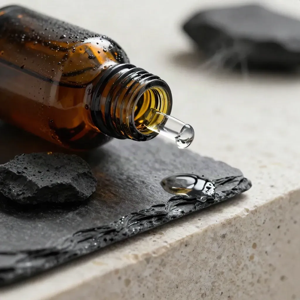 Dark glass oil bottle with a droplet at the dropper beside wet slate and rough stone.