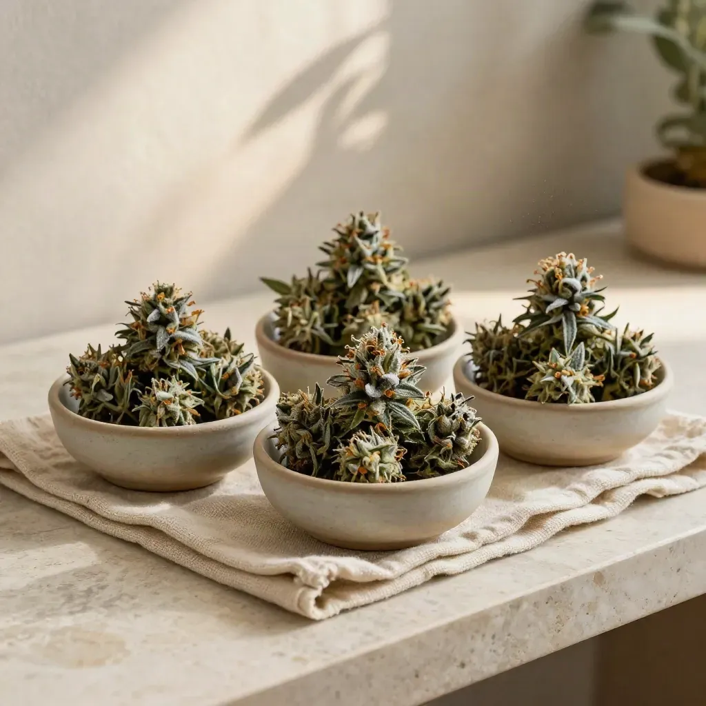 Open hemp flower sampler with three buds in ceramic bowls on a rough linen runner.