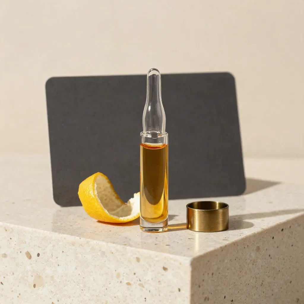 Clear terpene vape cart with citrus peel twist on cream stone, softly lit with vapor trace.