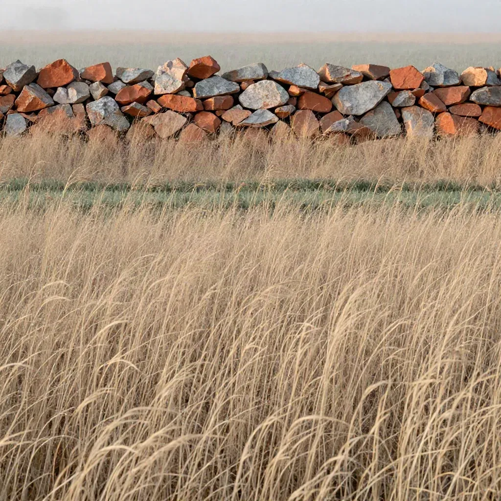 Hemp field edge and stone ridge in soft haze, open calm foreground for copy.