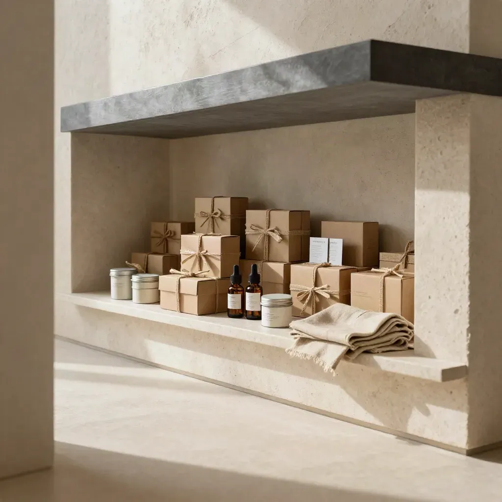 Stacked neutral CBD retail bundles on travertine shelf in a calm sunlit interior.