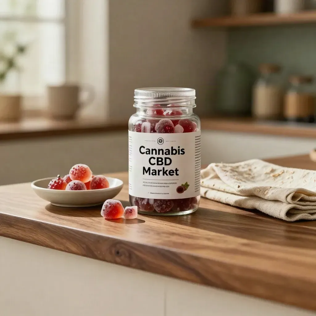 Berry gummy jar and ceramic dish on a sunlit wooden counter with soft pantry blur.