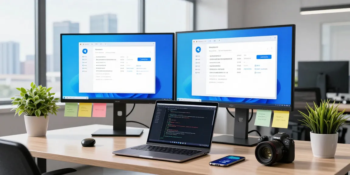 Engaging tech workspace with developer, showcasing telegram中文版 on dual monitors and bright city views.