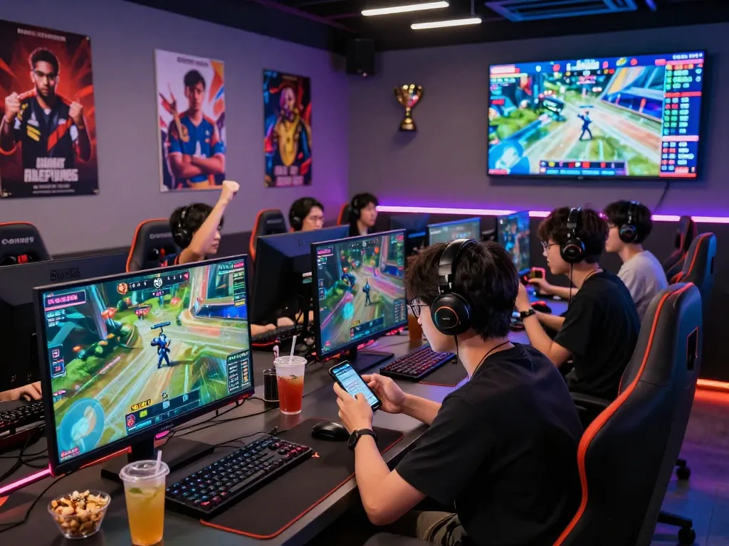 Diverse gamers enthusiastically engaging in esports betting Singapore in a dynamic gaming lounge, showcasing live matches and betting interactions.