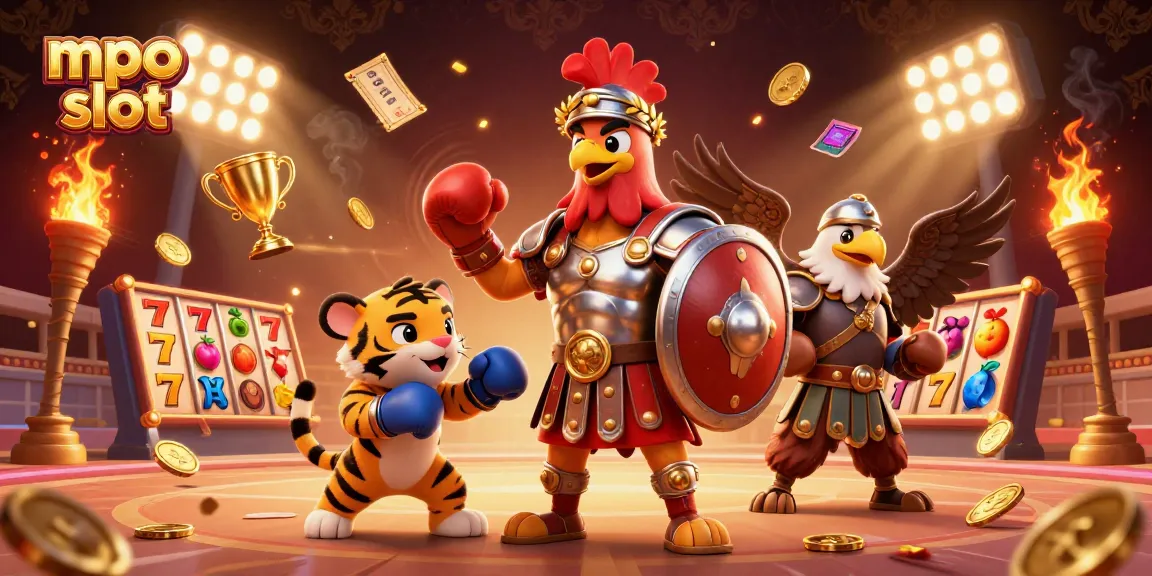 Spin the reels in the exciting mpo slot casino arena alongside a gladiator rooster and companions.