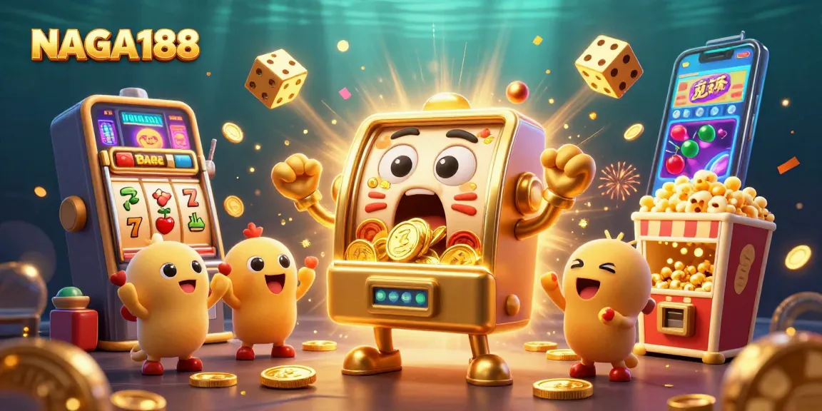 NAGA188 menghadirkan mesin slot emas yang beraksi memicu jackpot, dikelilingi simbol jackpot dan koin.