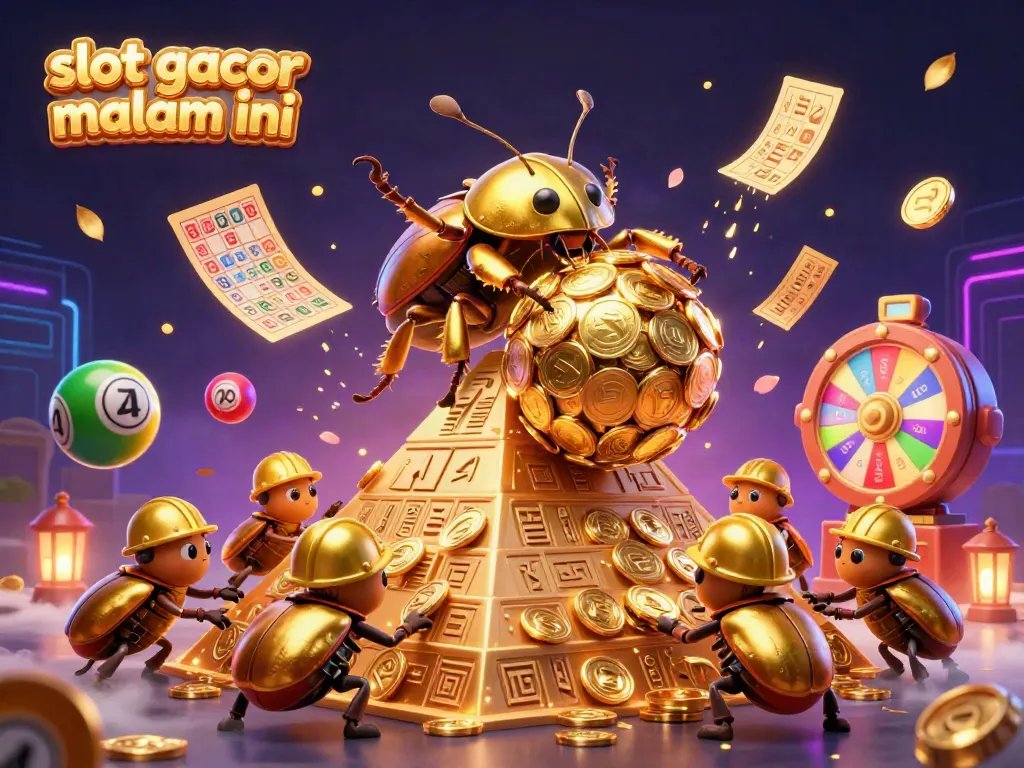 Slot gacor malam ini: ilustrasi 3D menunjukkan kumbang emas besar yang menggulir bola koin emas, dikelilingi elemen kasino yang dinamis.