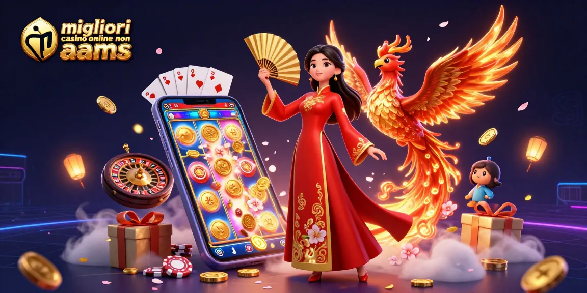 I migliori casinò online non AAMS mostrano una donna 3D in ao dai con un ventaglio dorato accanto a una fenice tra elementi di casinò.