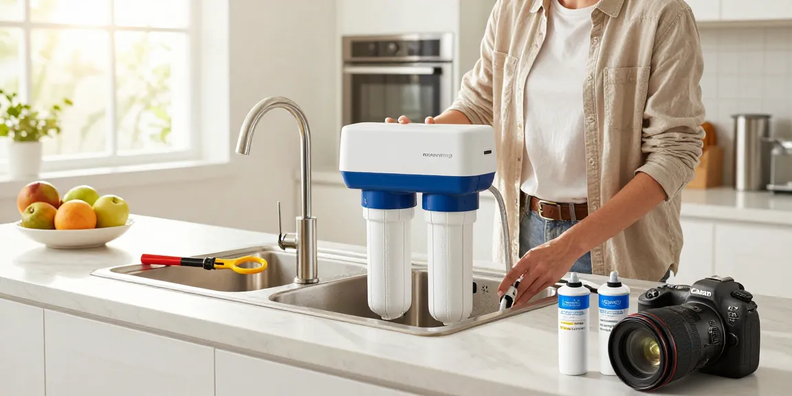 Inspecting the Waterdrop 3-Stage Whole House Water Filter System in a modern kitchen for clean drinking water.